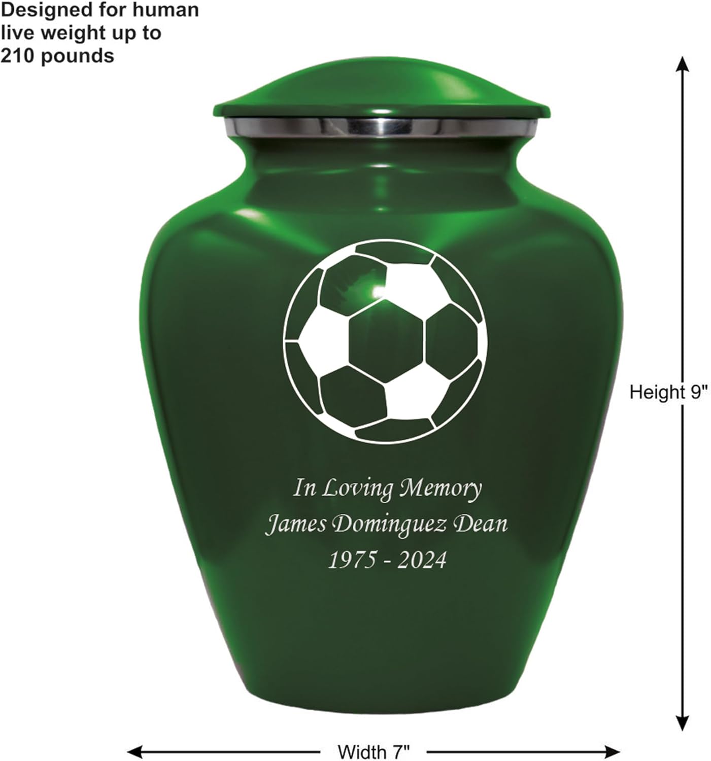 Soccer Cremation Urn, Customized Human Adult Funeral Urn for Sports Lovers, Personalized Urn with Velvet Bag (Green, Large)