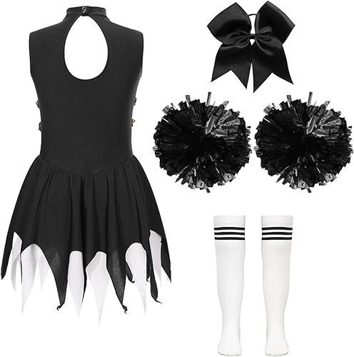 Miniatura 4 de YiZYiF Disfraz de líder de animadora de Halloween para niñas, uniforme de animación, vestido de baile con lentejuelas, con pompones, medias y