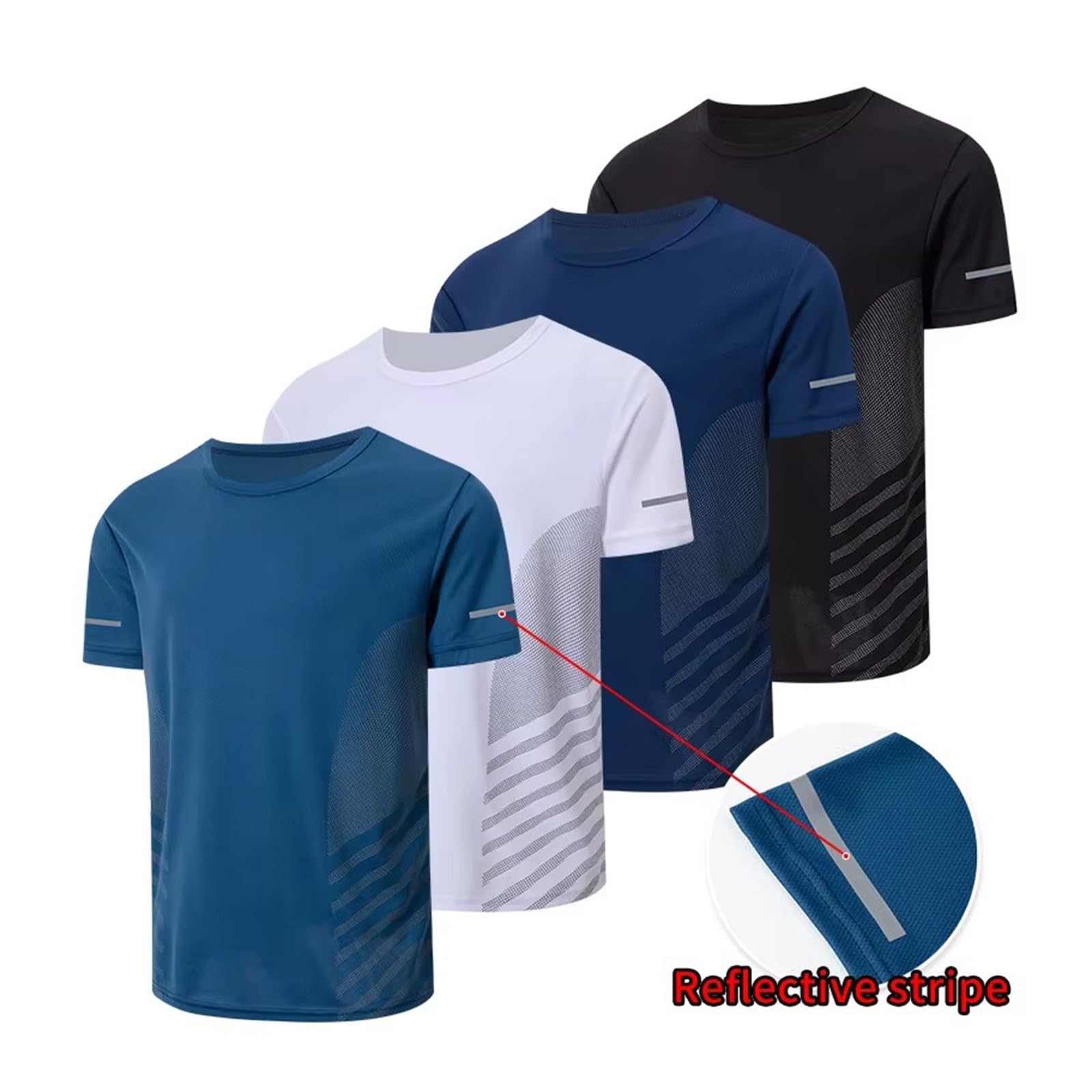 Camiseta de entrenamiento de secado rápido para hombre, transpirable, cuello redondo, manga corta con tira reflectante para gimnasio y correr — view 8