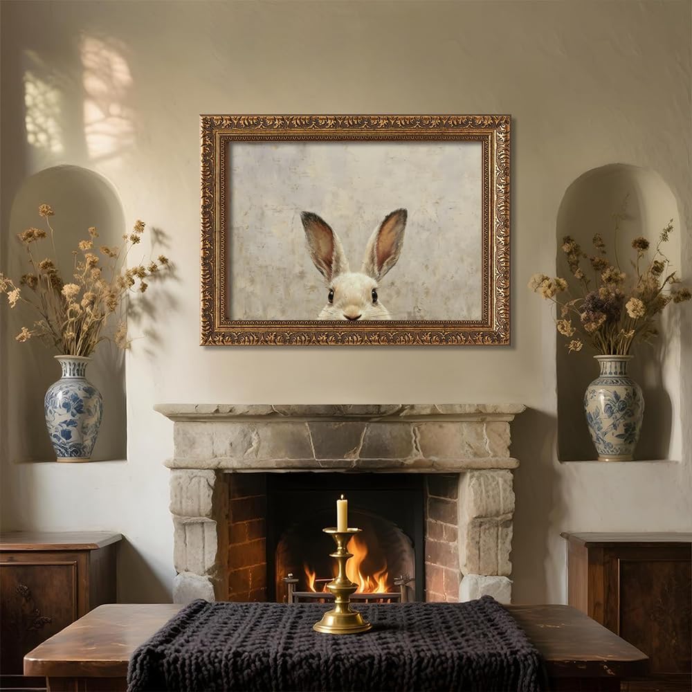 Gold Framed Easter Vintage Aesthetics Wall Art Cute White Rabbit Poster For Religion Believers Room Decor-Christianity Print Picture For Church Decor