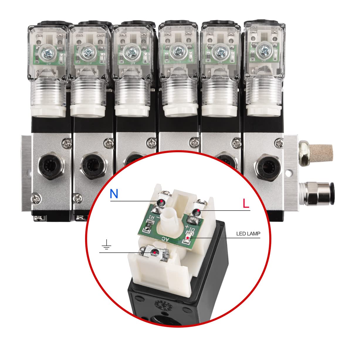 Heschen Elektryczny pneumatyczny 6 zaworów elektromagnetycznych, 3V210-08, AC220V, PT1/4, 3/2-drożny, zestaw szybkozłączki podstawy kolektora