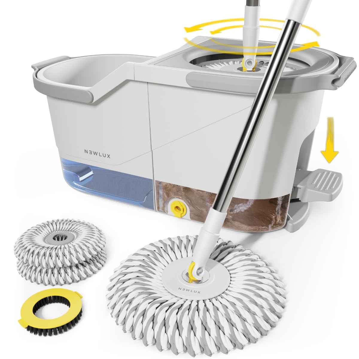 Newlux Turbo Dual V160 self-wringing mop with telescopic handle 73.5-134 cm. Mop bucket set with pedal, double tank clean and dirty water, 360º head, includes 3 microfibre mops
