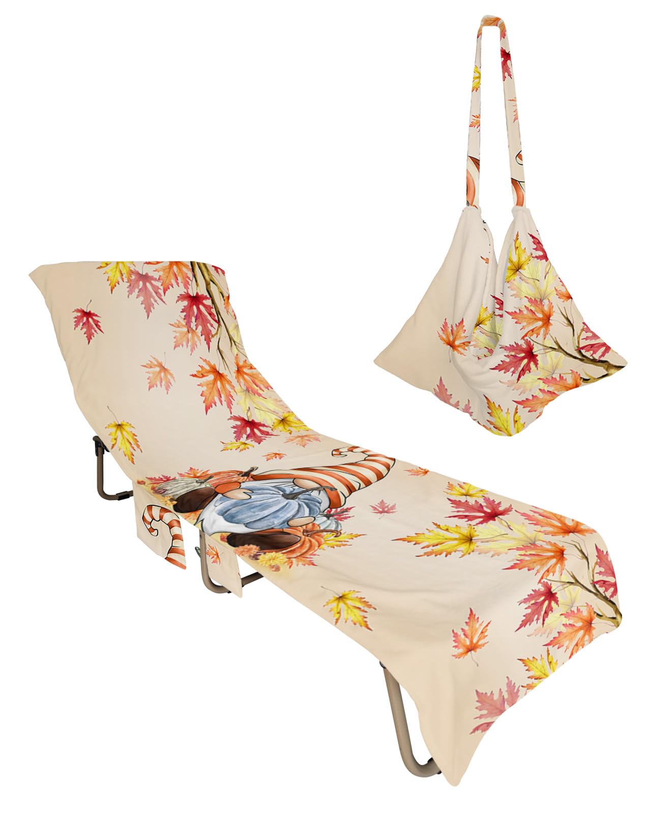 Thanksgiving Autumn, Beach Lounge Chair Towel Cover, Soft Chaise Lounge Towel with Side Pockets Patio Pool Chairs Cover for Beach/Pool Sunbathing 29x85 Fall Gnomes Blue Pumpkin Maple Leaves