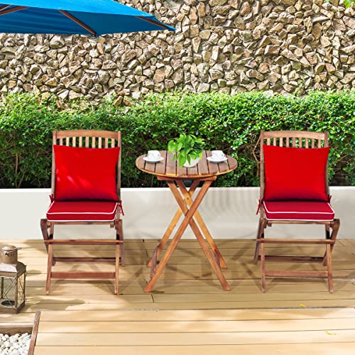 Image of Tangkula 3 PCS Patio Folding Bistro Set, Outdoor Acacia Wood Chair and Table Set w /Padded Cushion& Round Coffee Table, Ideal for Indoor Patio Poolside Garden (Red)