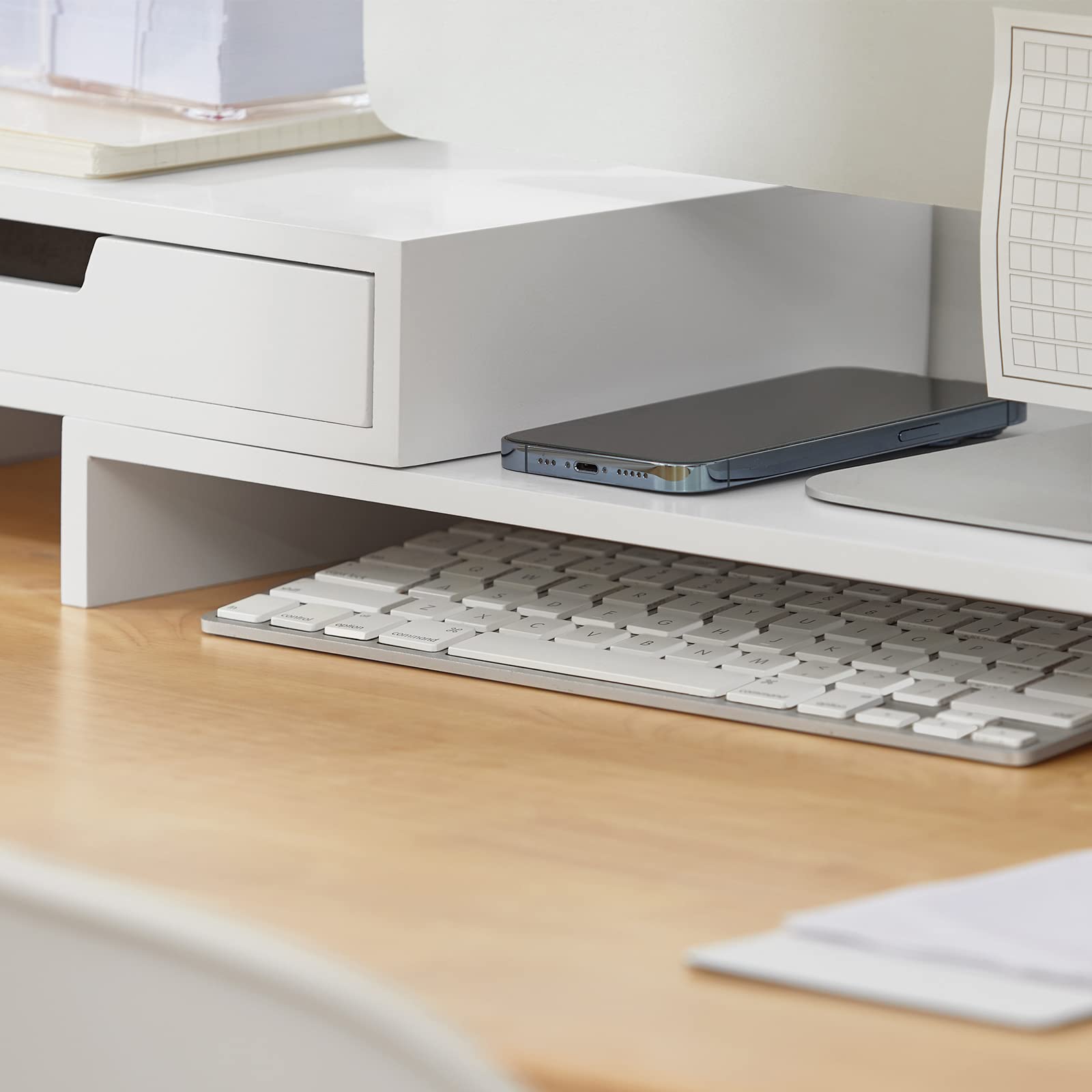 SoBuy BBF04-W Podstawka Pod Monitor Laptop Stolik Uchwyt na laptopa Podstawka na Komputer 2 szuflady Biały