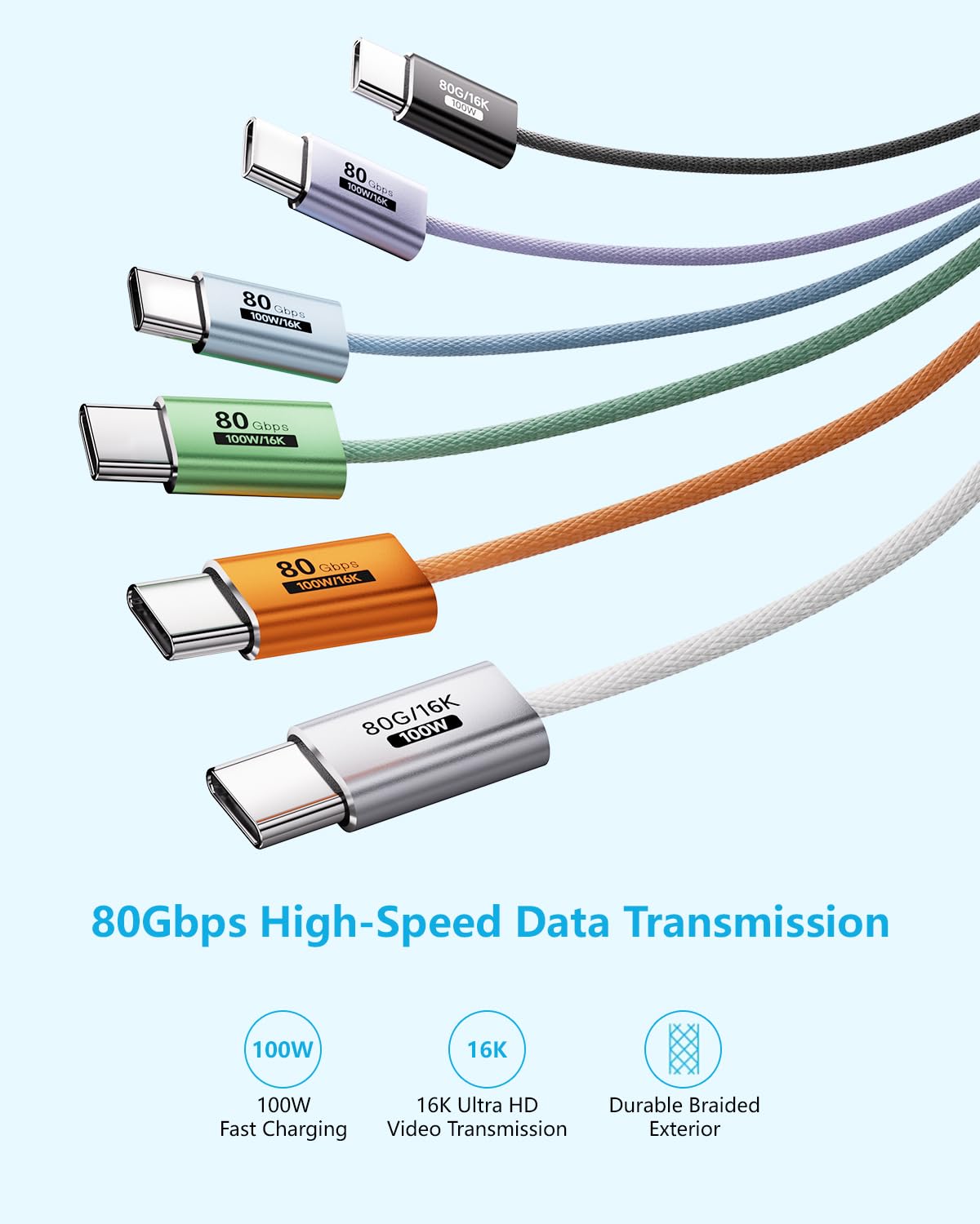 Fioletowy, 2 sztuki kabla USB typu C 80 GB/s, kompatybilny z Thunderbolt 5/4/3, elastyczny kabel USB C 100 W, 16K, 8K, 4K, do monitora, tabletu, dokowania, wyświetlacza, laptopów, dysków SSD