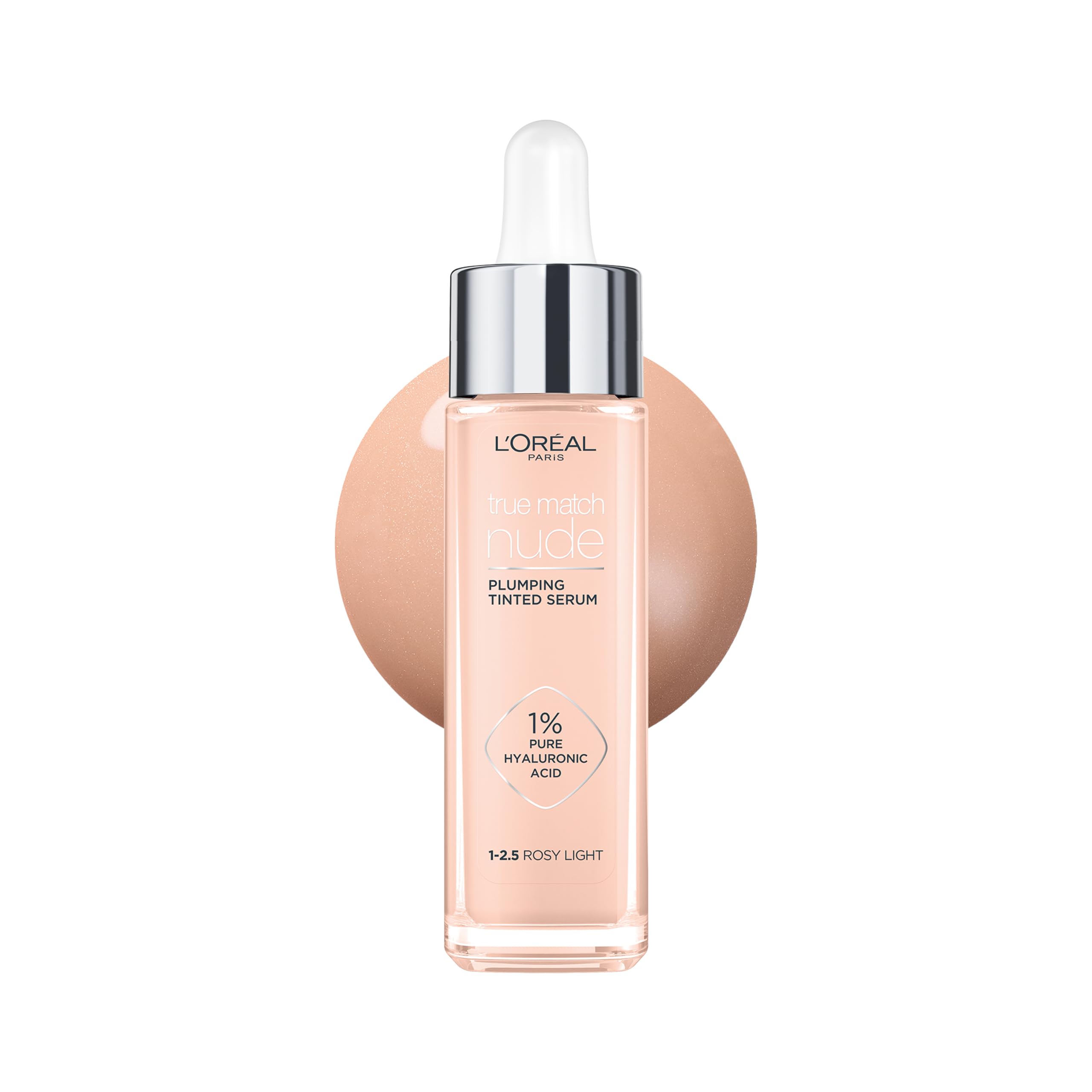 L'Oréal Paris True Match Tinted Serum Foundation, 1% Hyaluronic Acid, Hydrating Formula, Replumps Skin in 1 Hour for a Natural Glowing Finish, 30 ml, Shade 1-2 Rosy Light