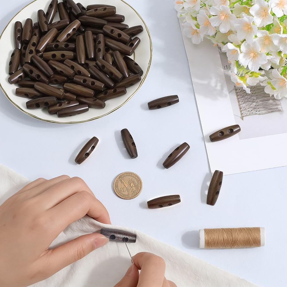 GORGECRAFT 30Pcs Oval Wooden Buttons Horn Toggle Shape Buttons 5mm 2 Holes Coconut Brown Wood Sweater Coats Accessories Decor for Jacket Clothing Sewing DIY Art Craft Projects image 3