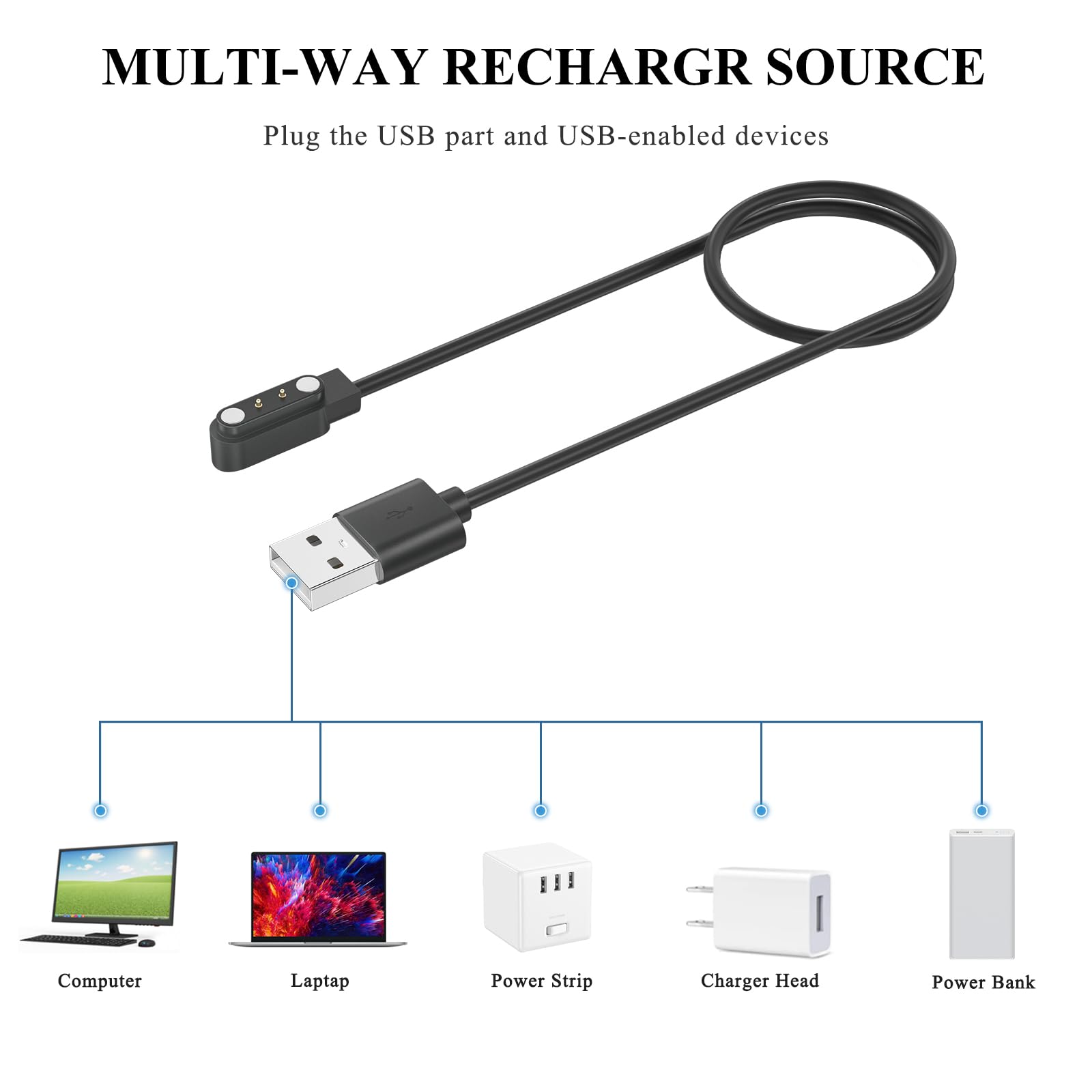 Amzpas Chargeur Montre Connectée, Câble USB 2 Broches de Charge Magnétique pour Smartwatch, Câble de Recharge pour Montre Intelligente Universel, Espacement des Contacts du Chargeur 4mm (USB 60cm)