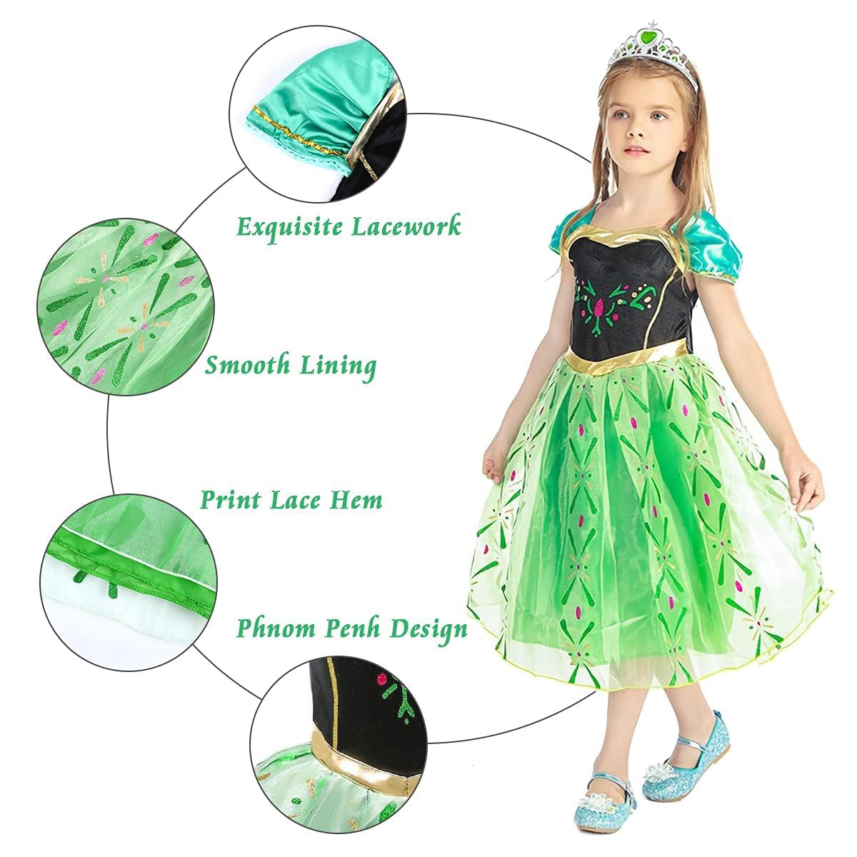 URAQT Bambina Abito da Principessa, Costume Vestito Ragazza Bambina Principessa, Abito da Principessa Costume, con Corona Bacchetta Anello Orecchino