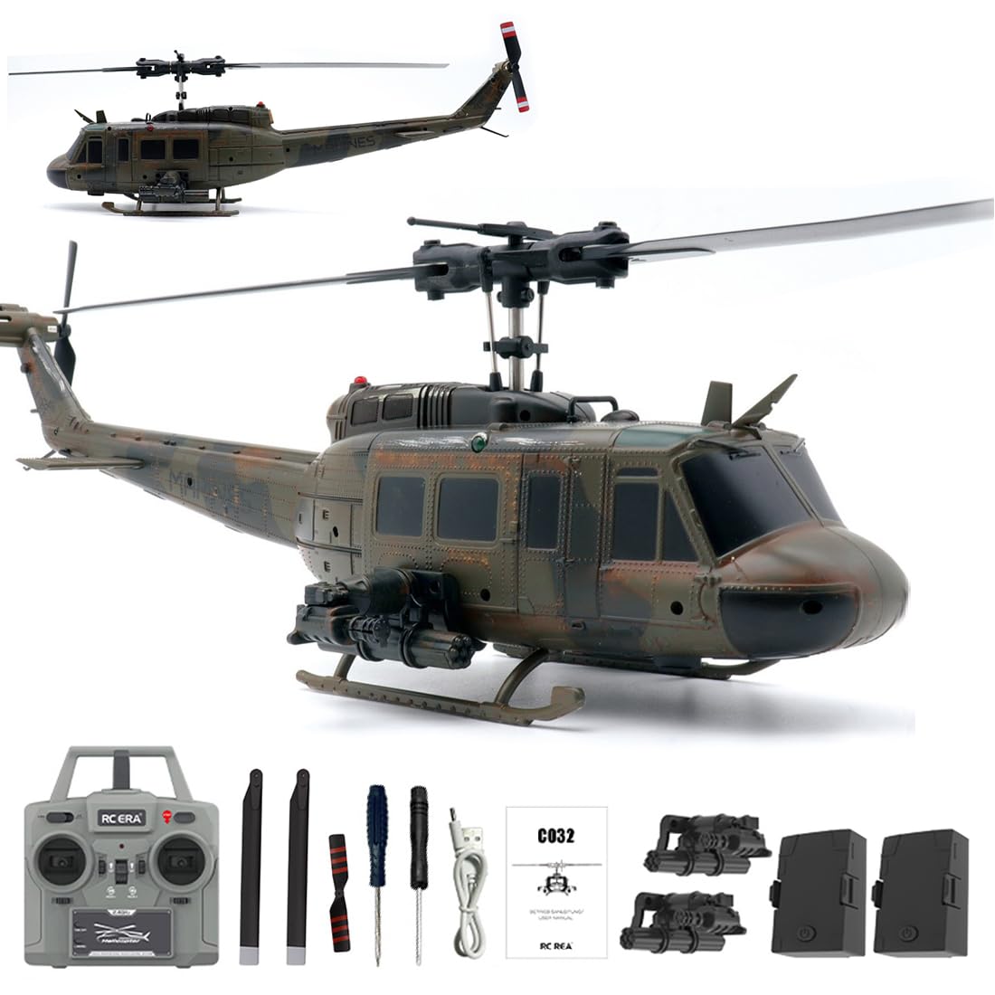 1/48 RC ERA C032 UH-1 Huey 6-Kanal RC Hubschrauber ohne Paddel, Optical-Flow-Positionierung, Handbemalte Limited Edition, Maßstabsgetreues Militärmodell(2 Batterien)