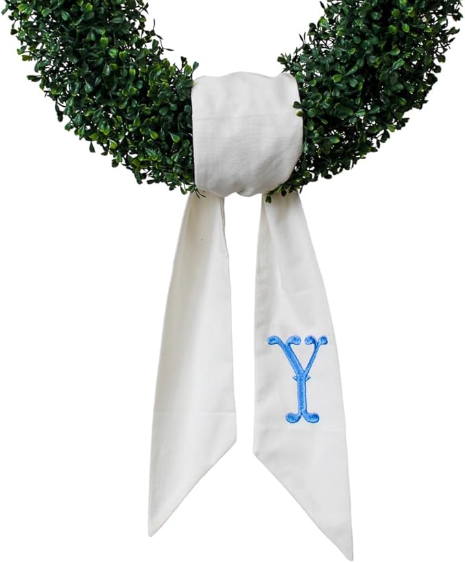 Monogram Wreath Sash for Front Door, White Embroidered Linen Wreath Sash, Porch Accessory for Xmas Party Yard, Wedding, and Boxwood Decoration, Indoor Outdoor Décor - (D)