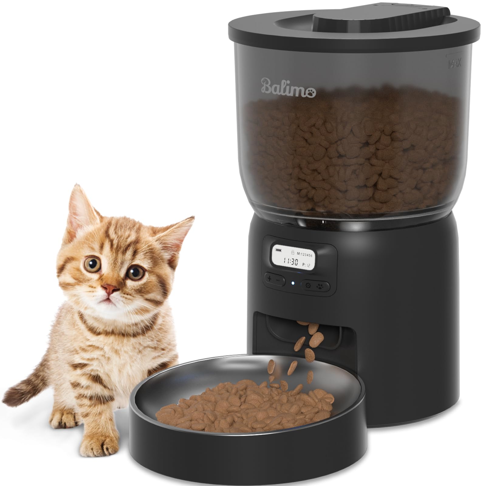 Balimo Distributore Automatico Cibo Gatti 3L, Dispenser Crocchette Gatto con Timer Programmabile, Mangiatoia Automatica Gatti con Ciotola in Acciaio Inox 304, 6 Pasti al Giorno, Bianco