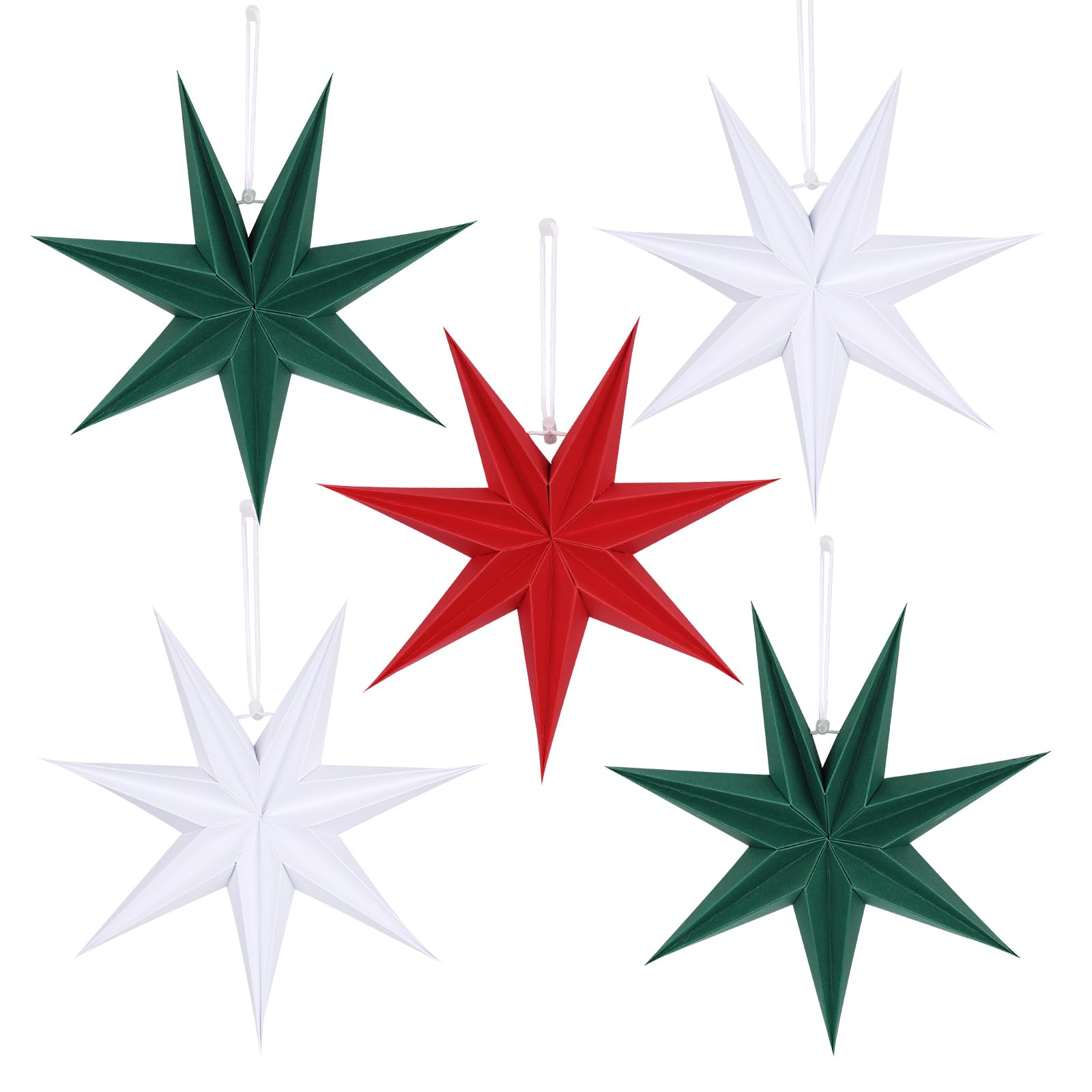 12 Inches 5 PCS Red Green White Paper Star Lanterns Hanging Stars Christmas Party Decorations Hanging Lampshade Christmas Wedding Birthday Christmas Home Party Decorations(7 Pointed)