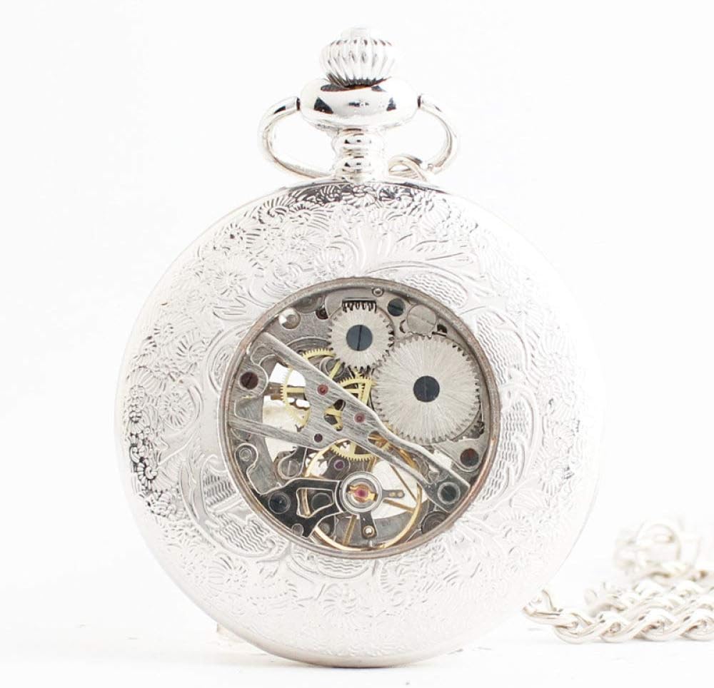 OIFMKC Pocket Watch Antique Vintage Mens White Steel Mechanical Pocket Watch Hand Wind Watches with 37CM Chain Relogio bolso