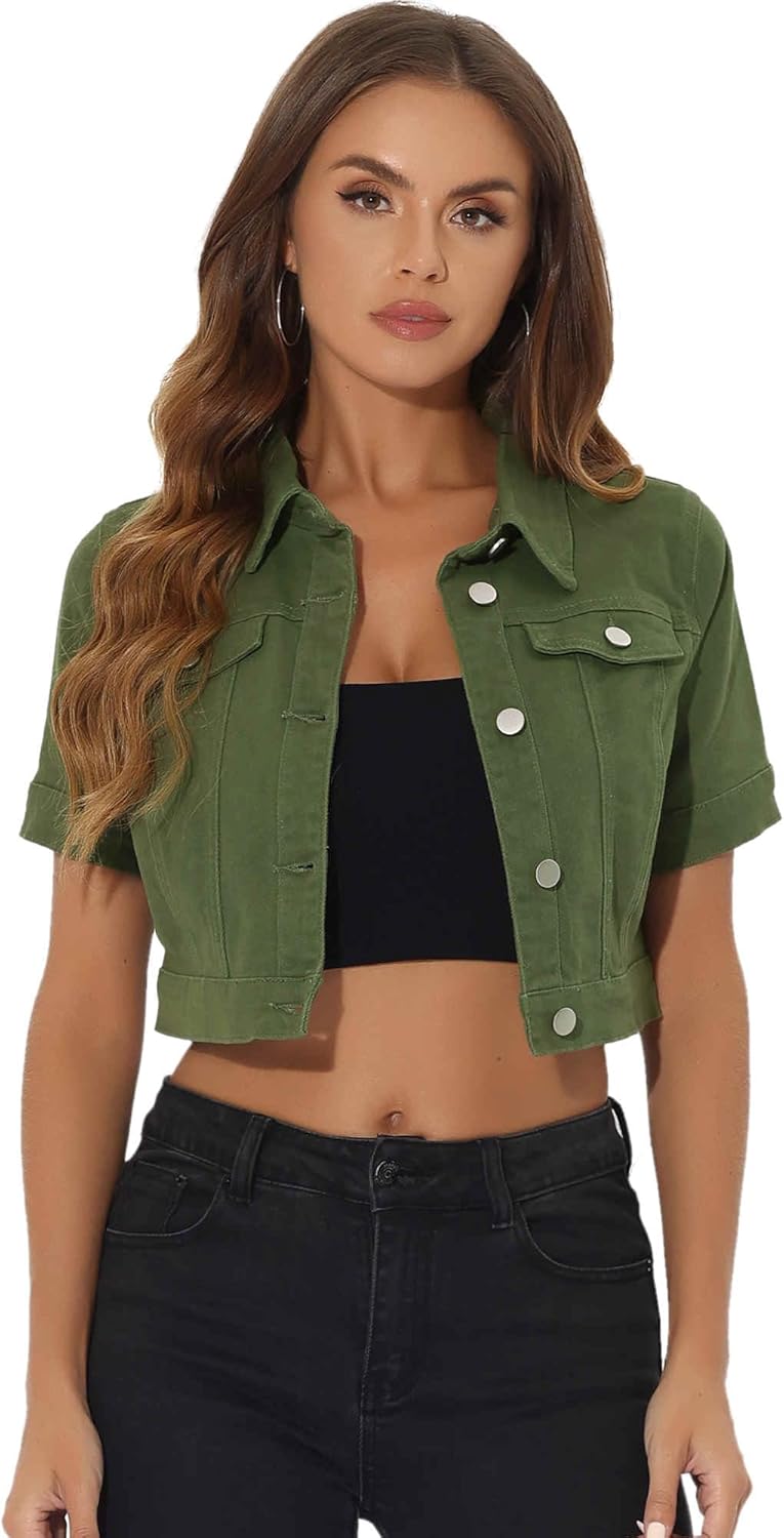 Allegra K Casual Denim Jacket for Women Short Sleeves Crop Jean Denim Jacket