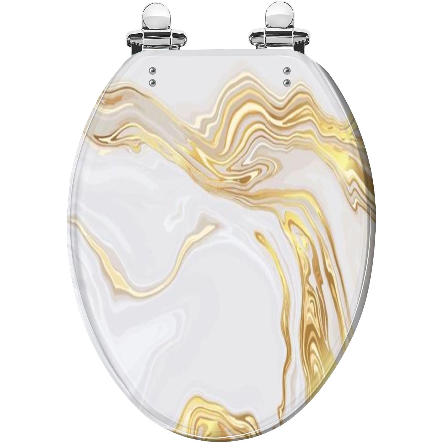 Elongated Toilet Seat Luxury Gold Marble texture Panoramic Marbling texture design for Resin Toilet Seat Quietly Close Quick Release Hinges Decorative Toilet Seat with Cover Easy to Install