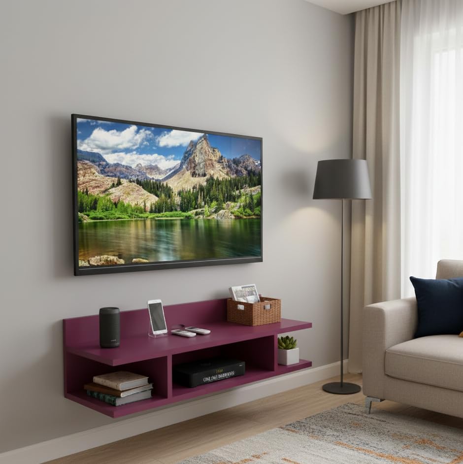 Image of Engineered Wood Set Top Box Stand | Wall Mounted TV Unit Shelf for Router, WiFi, DVD, Gaming Console | Sturdy & Space Saving TV Accessory Organizer (Brown, 50 x 20 x 15 cm) (Dark Pink)