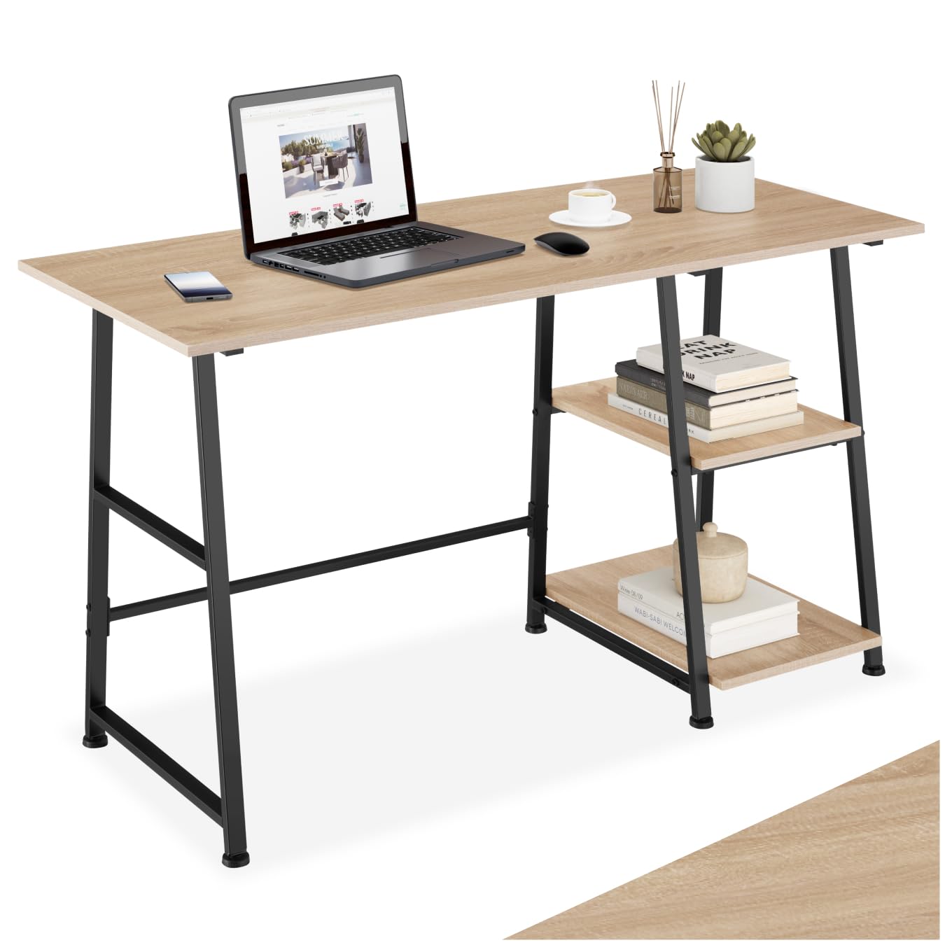 tectake® Mesa Escritorio con 2 Estantes Integrados, Pies Ajustables, Moderno Escritorio para Ordenador, Mesa Oficina, Fácil Montaje - 120 x 50 x 73,5 cm Madera Industrial Clara, Roble Sonoma