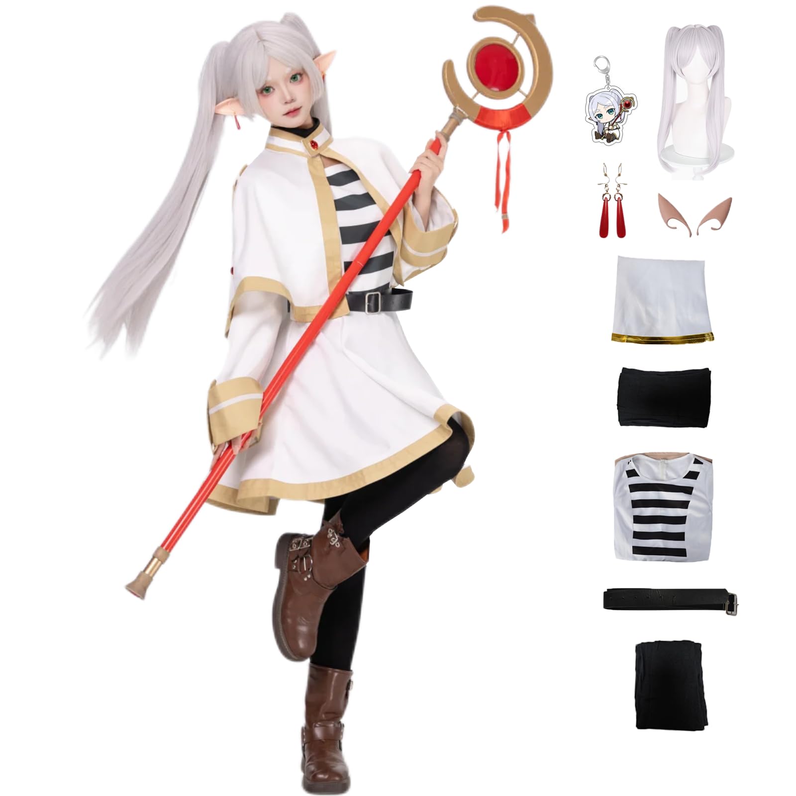 XINVTIV Frieren Cosplay Costume Fern Dress Wizard Cape Skirt Uniform, White, XL