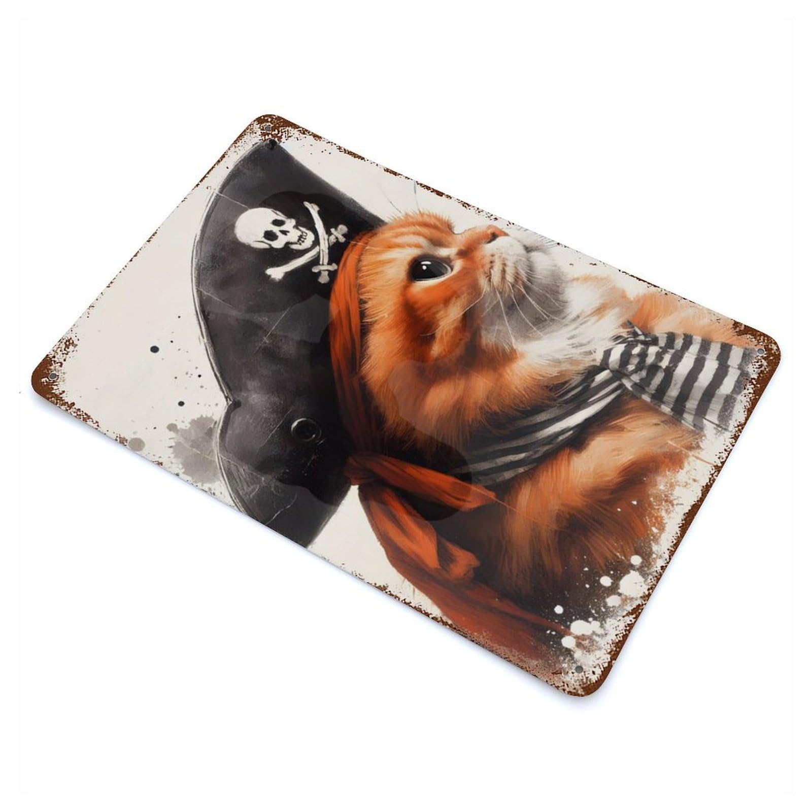 Pirate Cat Portrait Aged Metal Wall Plaque 11.8"x7.9", Decorative Metal Wall Art for Garage, Pub Or Kitchen