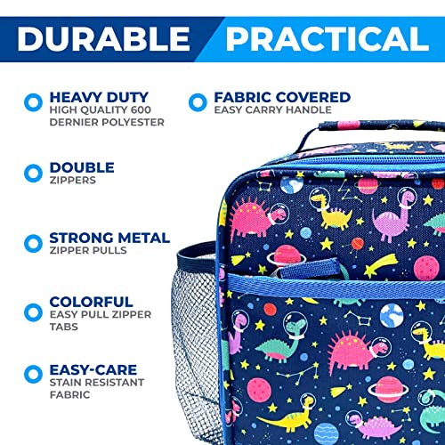 Image of Dinosaur Bento Lunch Box for Boys with Thermo Stainless Steel Food Jar for Hot Food Soup, Insulated Dinosaur Lunch Bag and Ice Pack Set, Kids Container Boxes with 4 Compartments, Blue Space Dino
