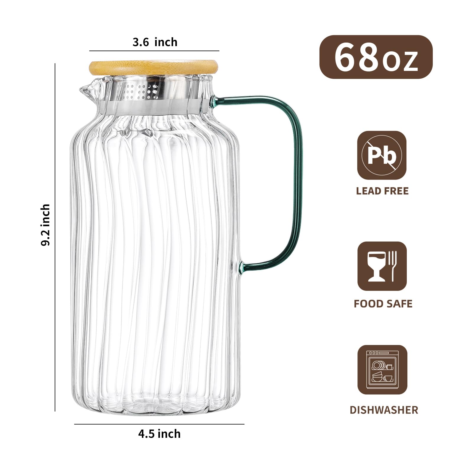 Buaic Confezione da 2 brocche in vetro con coperchio, 2 litri, classiche a righe verticali, con coperchi in bambù, caraffa per acqua fredda, caffè, limonata, tè al sole freddo, bevande, brocche in