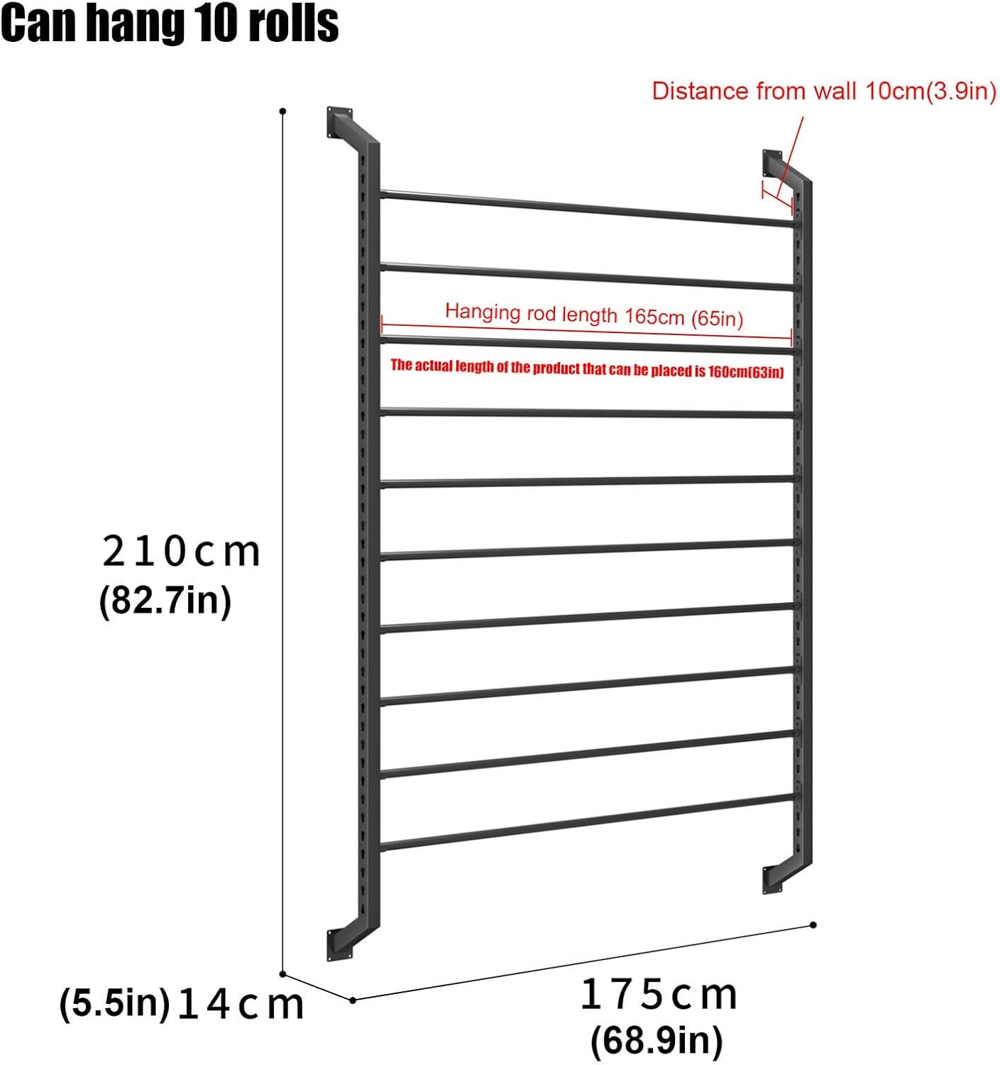 Vinyl Wrap Roll Wall Mounted Storage Rack, Car Color Change Wrap Holder Window Film Display Rack with Adjustable Hanging Rod, Multi-Use Organizer for Wallpaper,H 82.7in - Can Hang 10 Rolls
