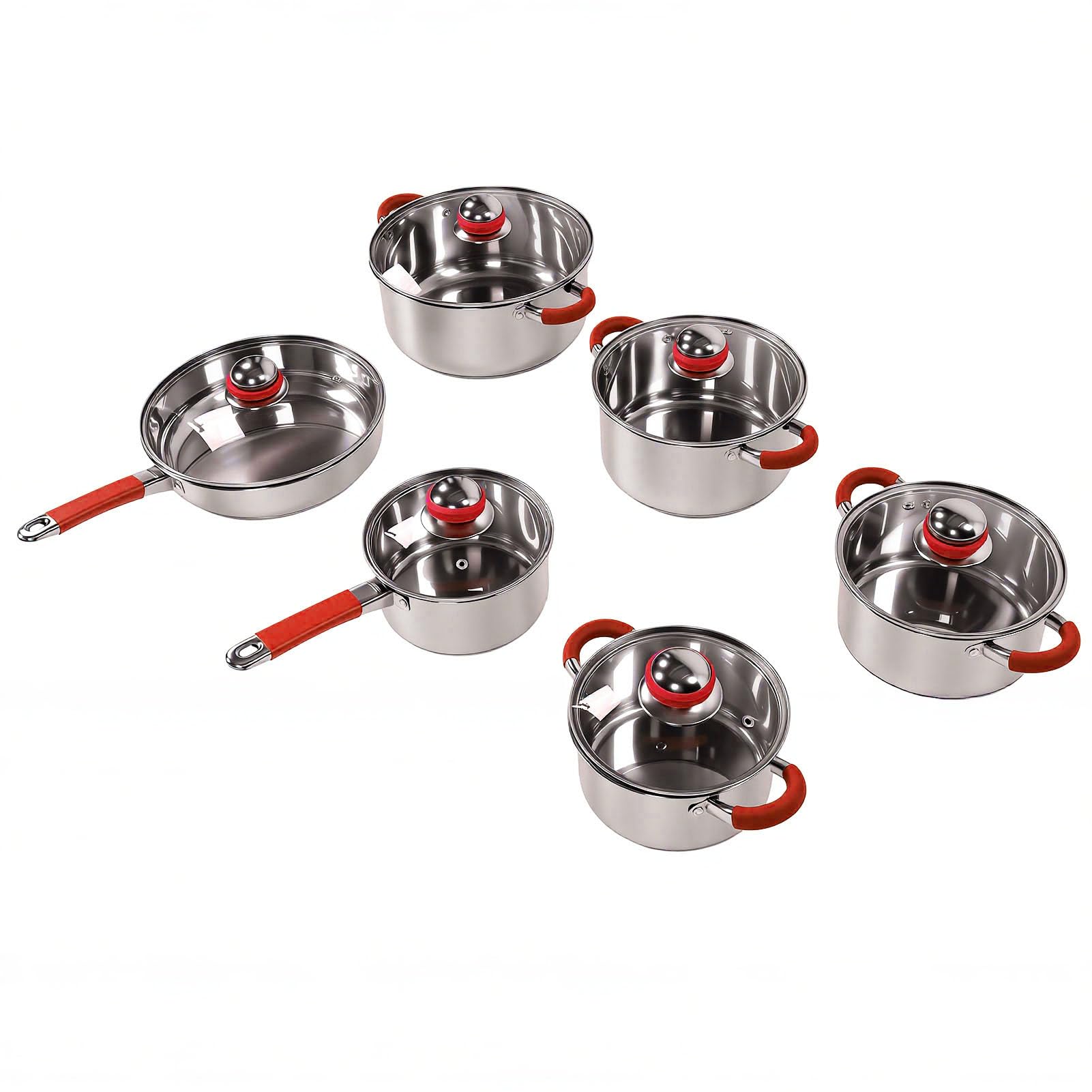 Ausla Juego de Utensilios de Cocina de Acero Inoxidable de 6 Piezas, Ollas y Sartenes con Base de Triple Capa y Tapas de Vidrio, Compatibles con Todas las Estufas, Utensilios de Cocina para Cocción