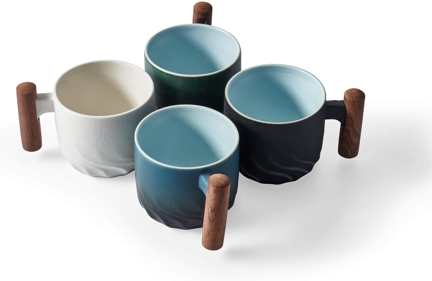 Ceramic Espresso Cups with Wooden Handle Espresso Shot Cups Ceramic Tea Cups Porcelain Demitasse Cups for Coffee or Tea, 2oz (Black-Blue-Green, 6)