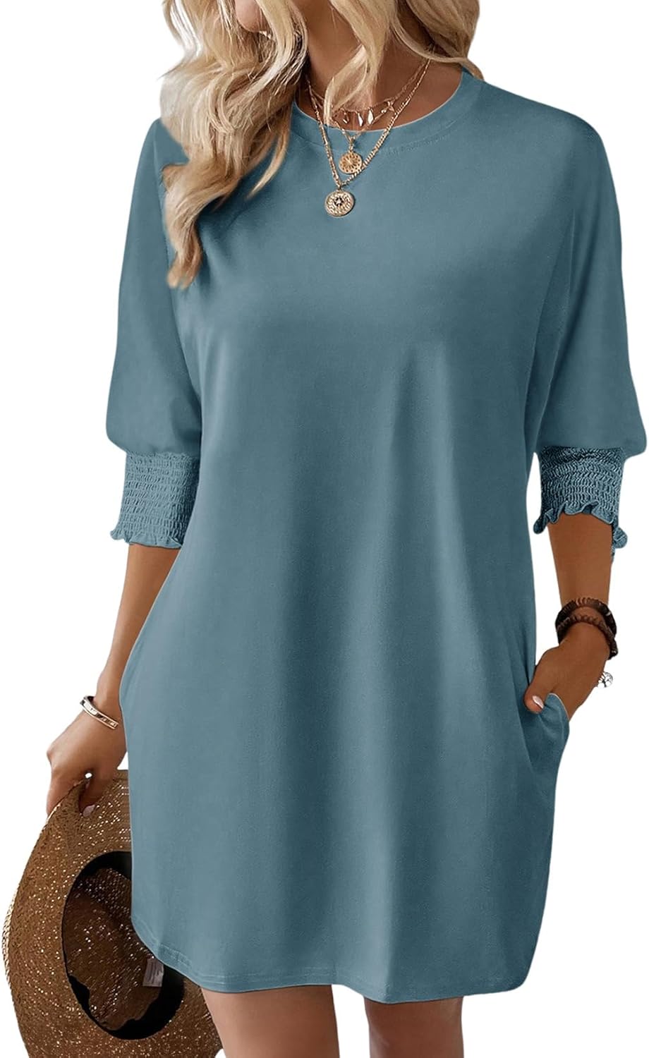 Dokotoo Womens Dresses 2025 Spring 3/4 Sleeve Fashion Dresses Crewneck Casual Mini Dress with Pockets S-XL
