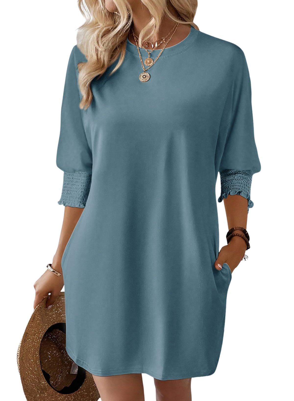 Dokotoo Womens Dresses 2025 Spring 3/4 Sleeve Fashion Dresses Crewneck Casual Mini Dress with Pockets S-XL