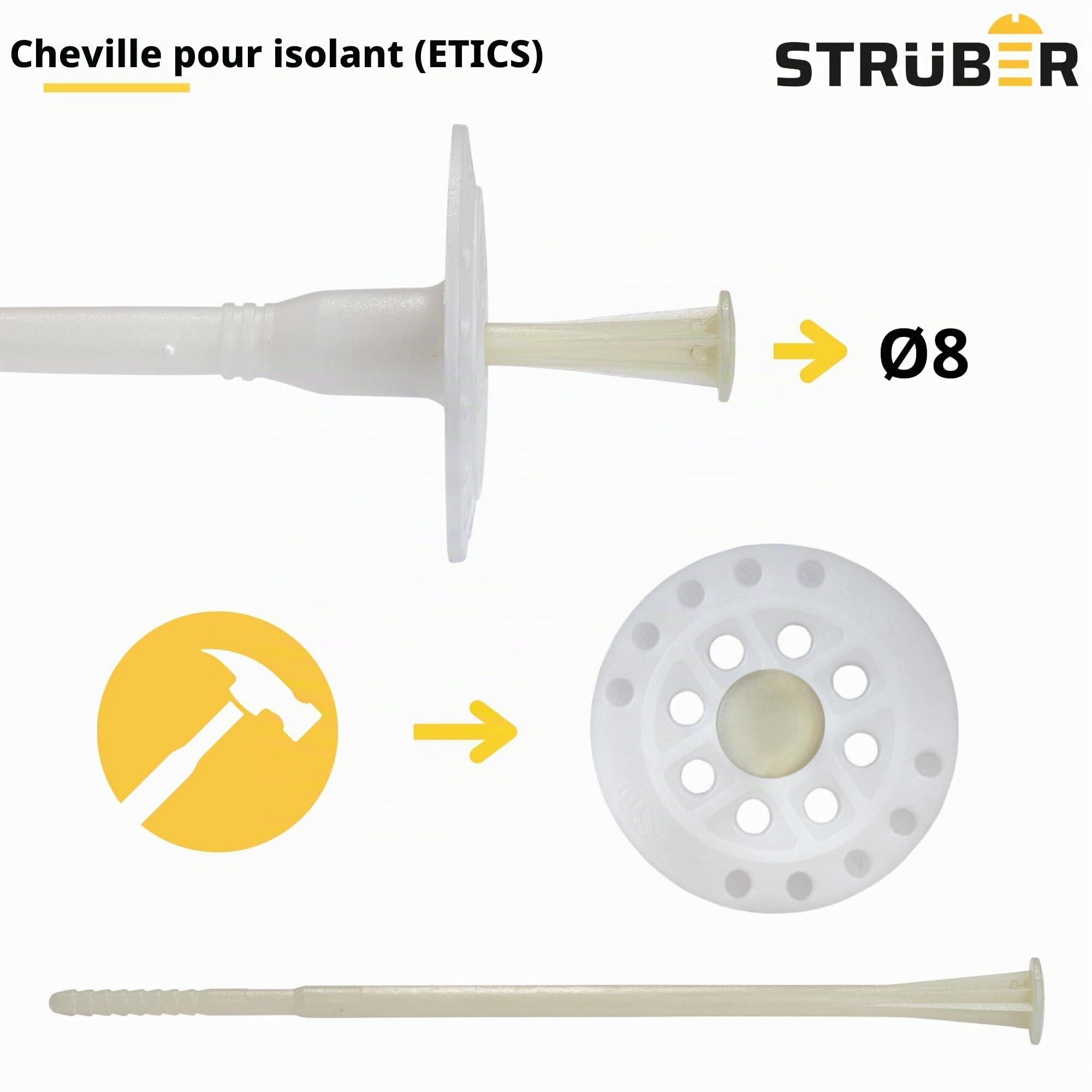 STRÜBER Cheville d'isolation à frapper avec clou plastique (Ø8 x 195 mm / 200 pcs) - Chevilles isolante pour ITE - Chevilles de fixation de panneaux isolants - ETA