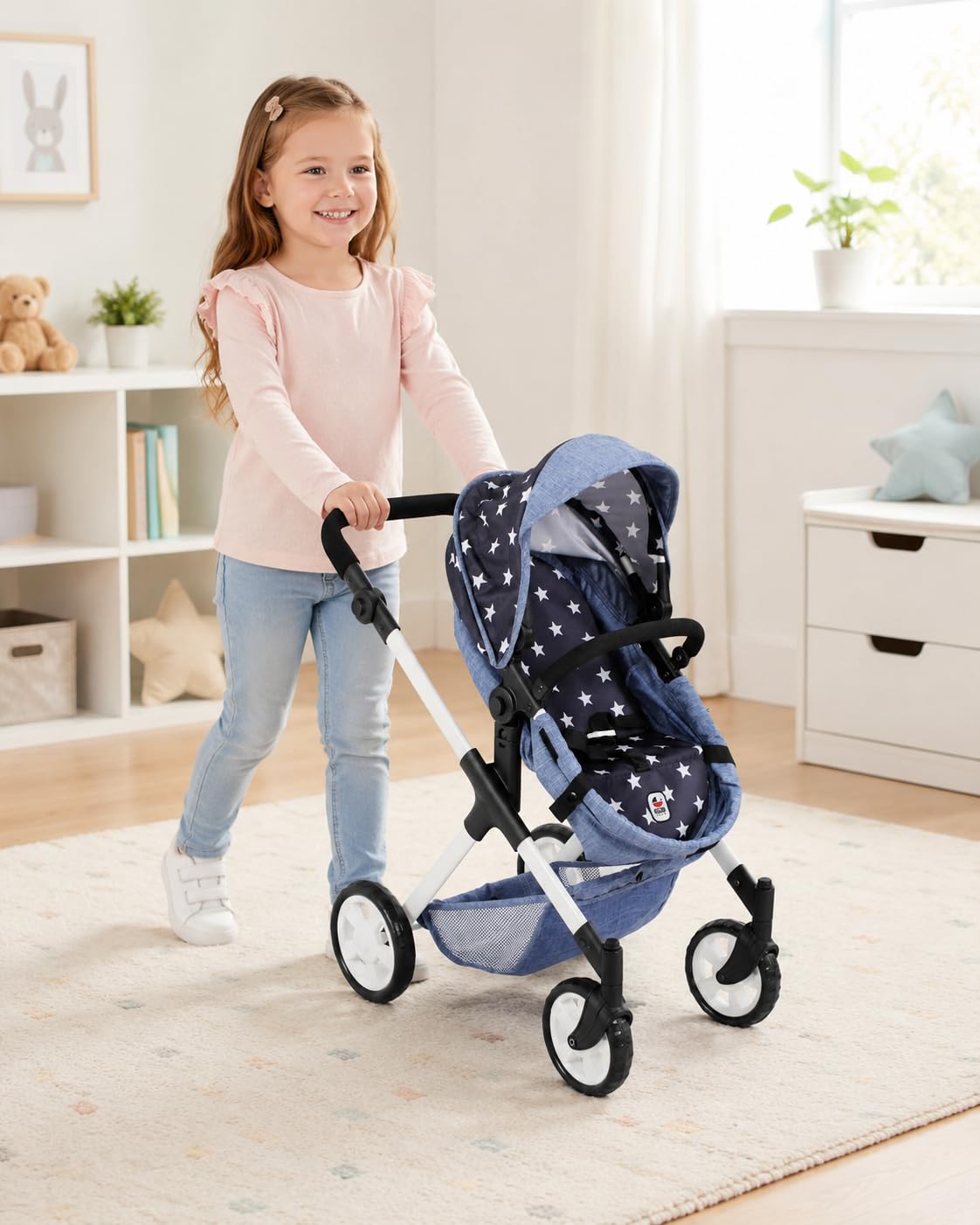 Bayer Chic 2000 2 w 1 wózek dla lalek Mila – gwiazdka granatowa – uchwyt z regulacją wysokości 39-72 cm – nowoczesny stelaż – lalki do 50 cm – 3-7 J.
