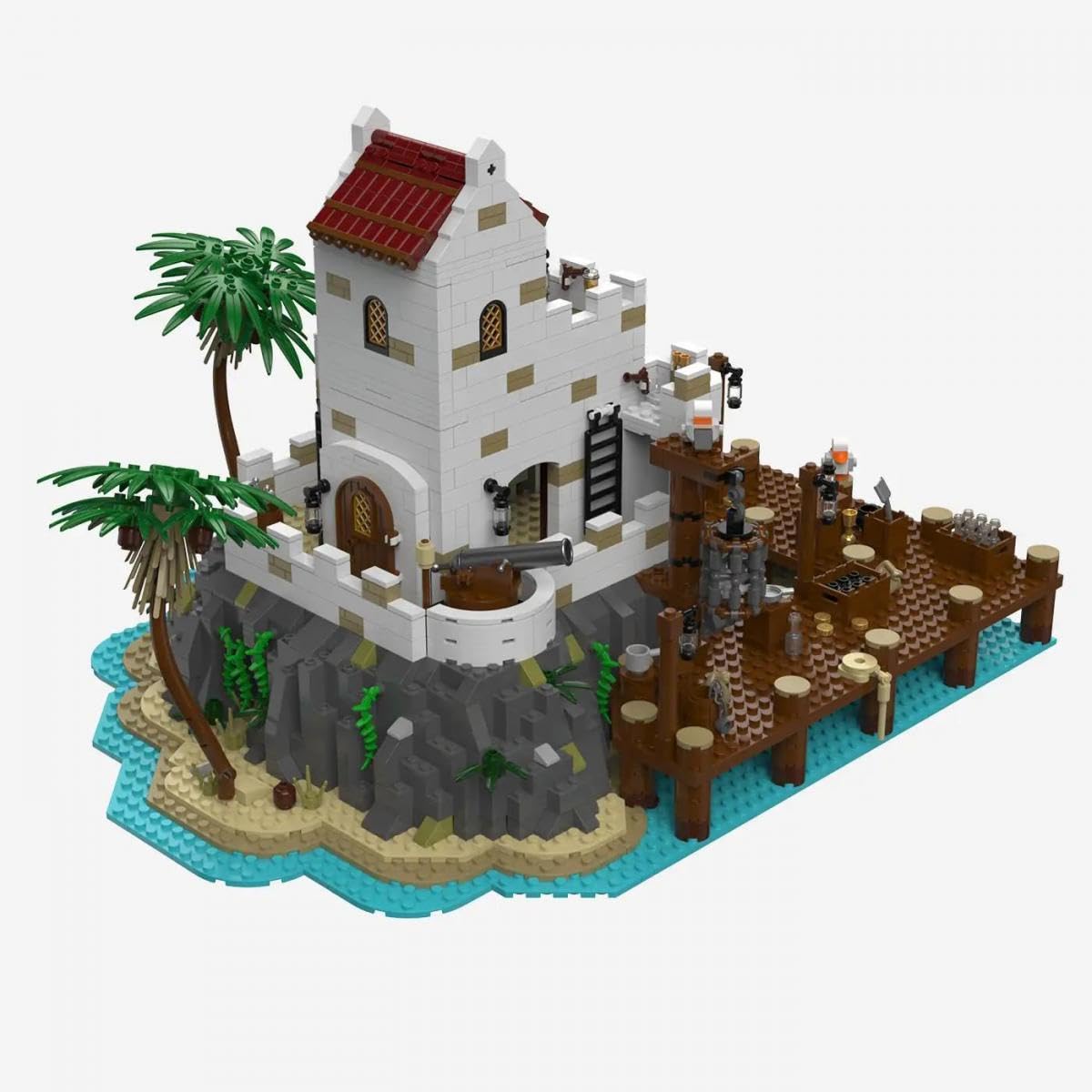 BlueBrixx Legenden der Schatzküste Hafen, 1734 Klemmbausteine, Diorama | Sechs Minifiguren, abnehmbare Dächer, felsiges Terrain, 469 x 404 x 284 mm, ab 10 Jahren, 108386