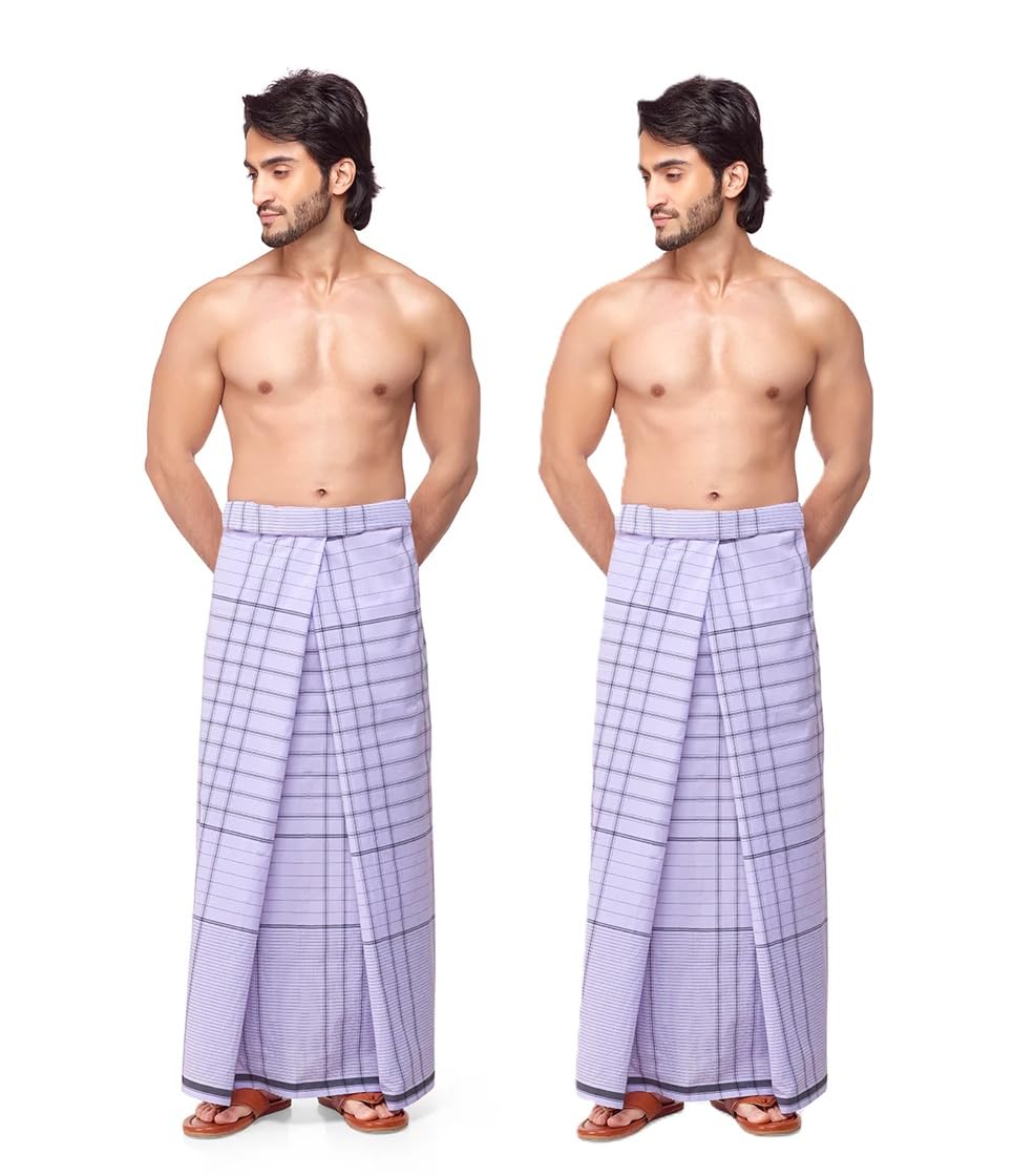 Brand Men's Cotton White Lungi - Multiple Pack (Checked Pattern May vary # 2.10Mts Free Size) # Stitched Lungi and Ready to Wear #