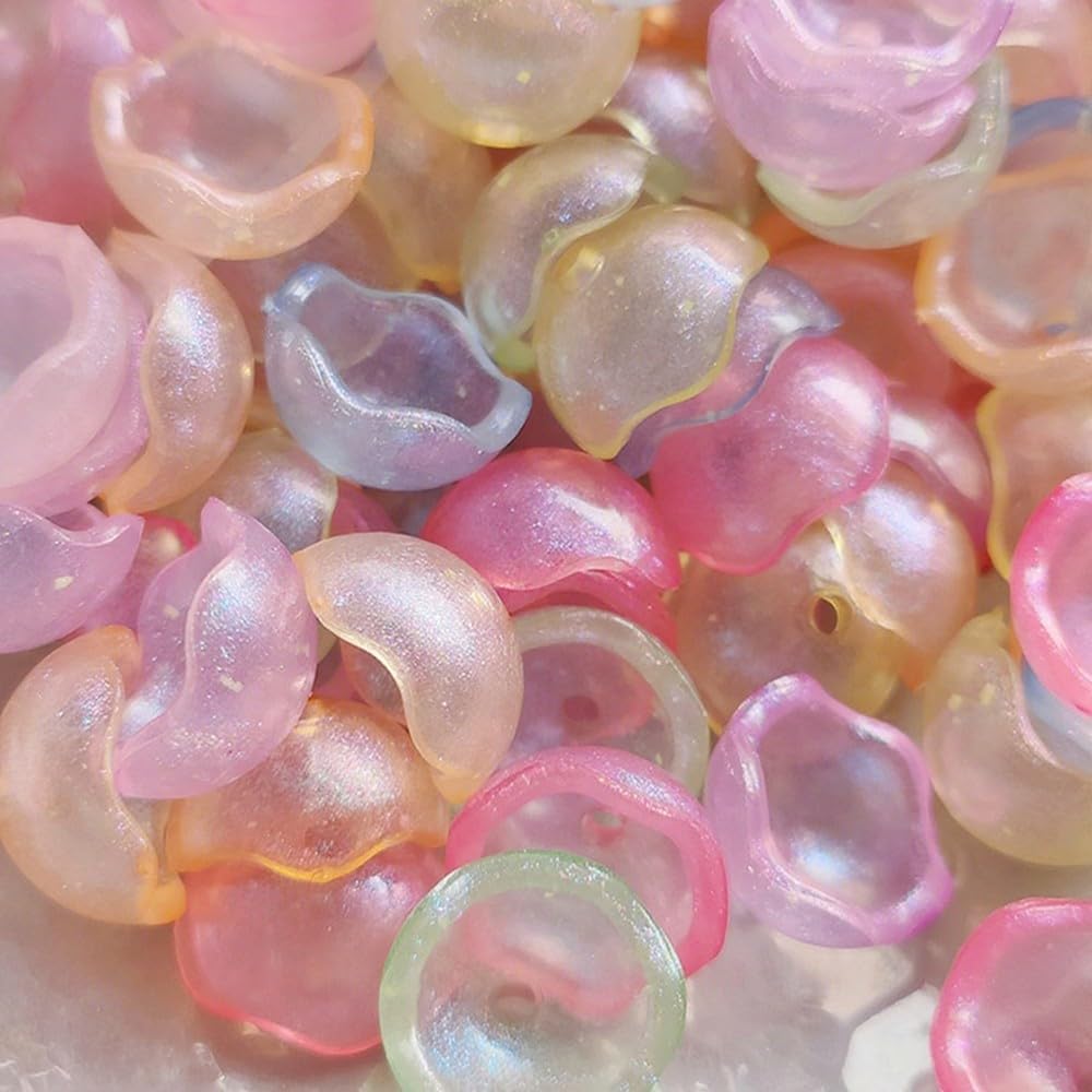 80Pcs Glow in The Dark Flower Bud Beads Acrylic Flower Bead Caps for Jewelry Making Colorful Glitter 8x16mm Half Round Beads with Wavy Edge for Earrings Bracelet Necklace DIY Carft - Image 4