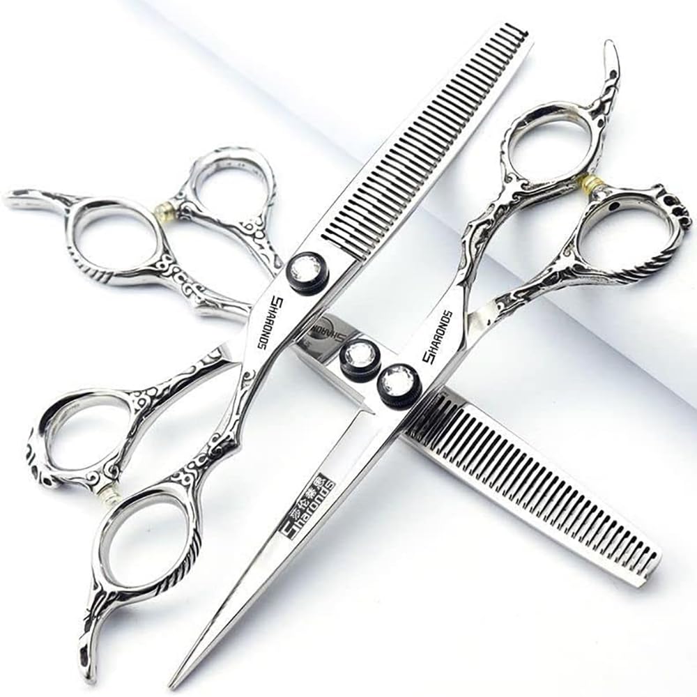 Tijeras de peluquería de 7 pulgadas 440c alta dureza fino patrón profesional salón peluquería pelo corte y adelgazamiento peinado herramienta de poda (juego de 3 piezas)