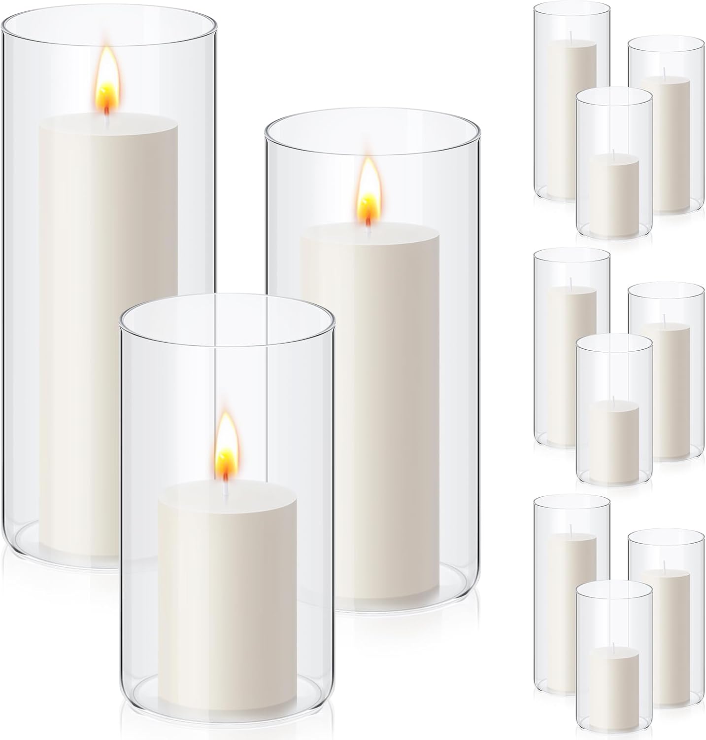 Retisee Set of 12 White Pillar Candles and 12 Glass