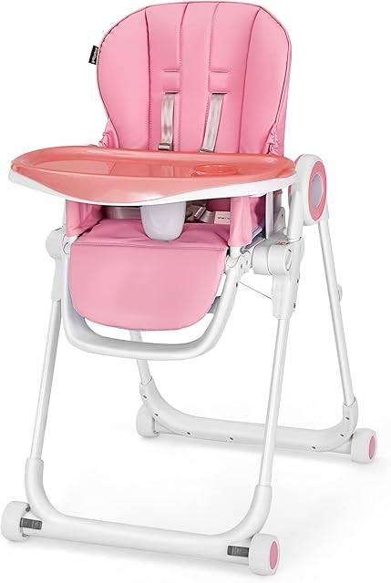 GYMAX Baby High Chair, Portable Folding Infant Highchair with Lockable Wheels, 6 Adjustable Heights, Removable Double Tray & 5-Point Safety Belt, Dining Seat for Toddlers 6-36 Months (Pink)