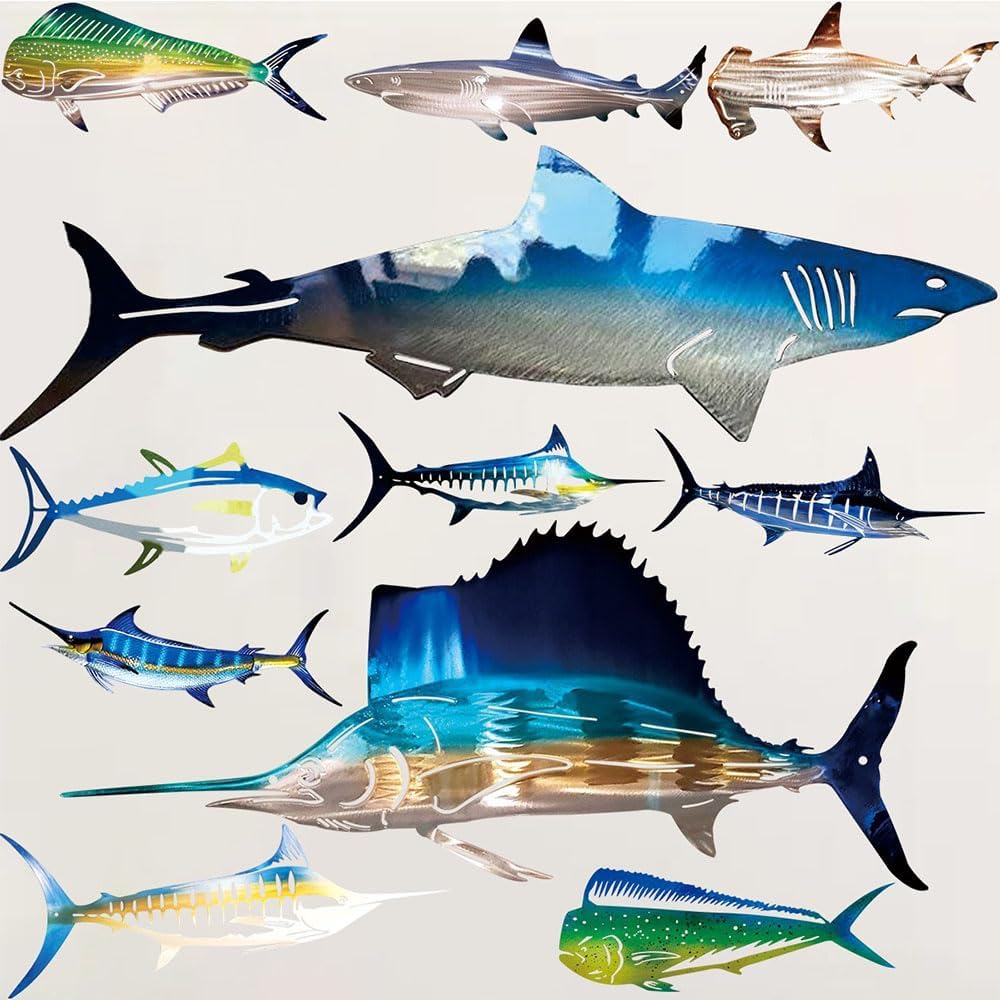 PIAOGENG Metal Shark Wall Decor，Be Used For A Living Room， Bedroom Outdoor， Office Of Wall Hallway Decor。A Set Large Size Theme Shark Ocean Decorations 15.74 X 4.92x0.039 Inches image 5