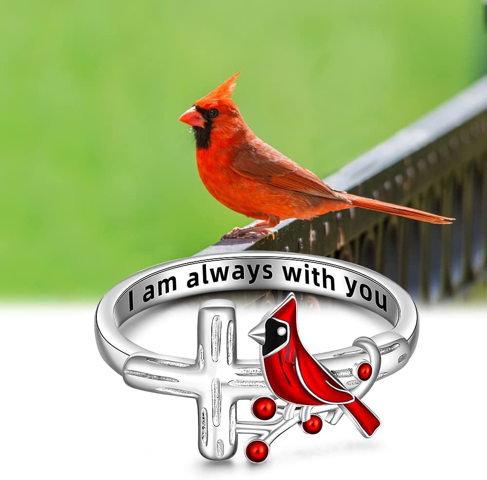 Fenthring Red Cardinal Ring S925 Sterling Silver Cardinal Jewelry Heart Bird Inspirational Rings for Women Memorial Gifts for Loved One Size 6 7 8 9 10