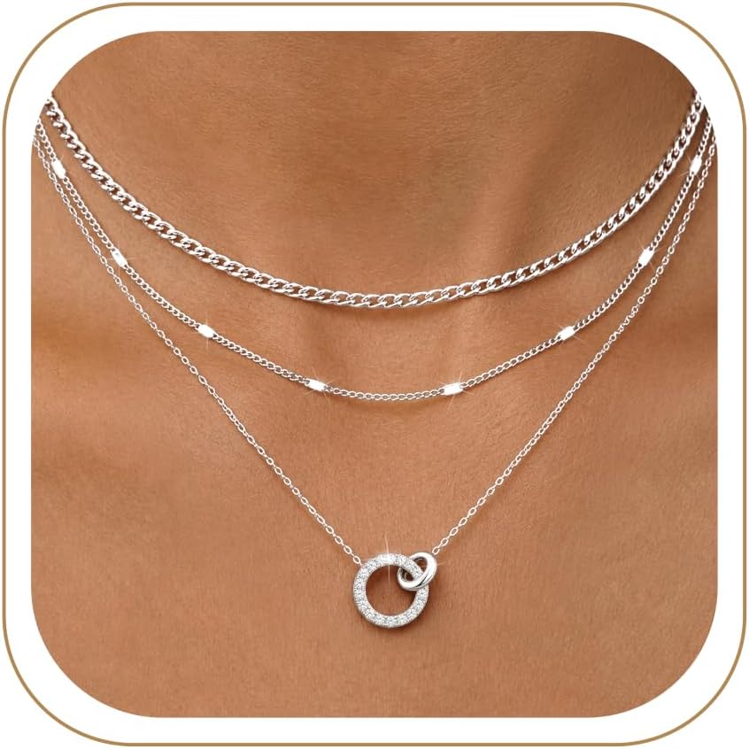 WomenGifts Layered Gold Necklaces for Women, 14K Gold Sterling Silver Plated Dainty Pendant Necklace Set Non Tarnish, Chunky Stackable Cuban Chain Choker, Trendy Birthstone Vacation Jewelry Gift