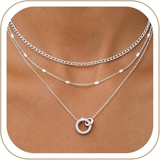 WomenGifts Layered Gold Necklaces for Women, 14K Gold Sterling Silver Plated Dainty Pendant Necklace Set Non Tarnish, Chunky Stackable Cuban Chain Choker, Trendy Birthstone Vacation Jewelry Gift
