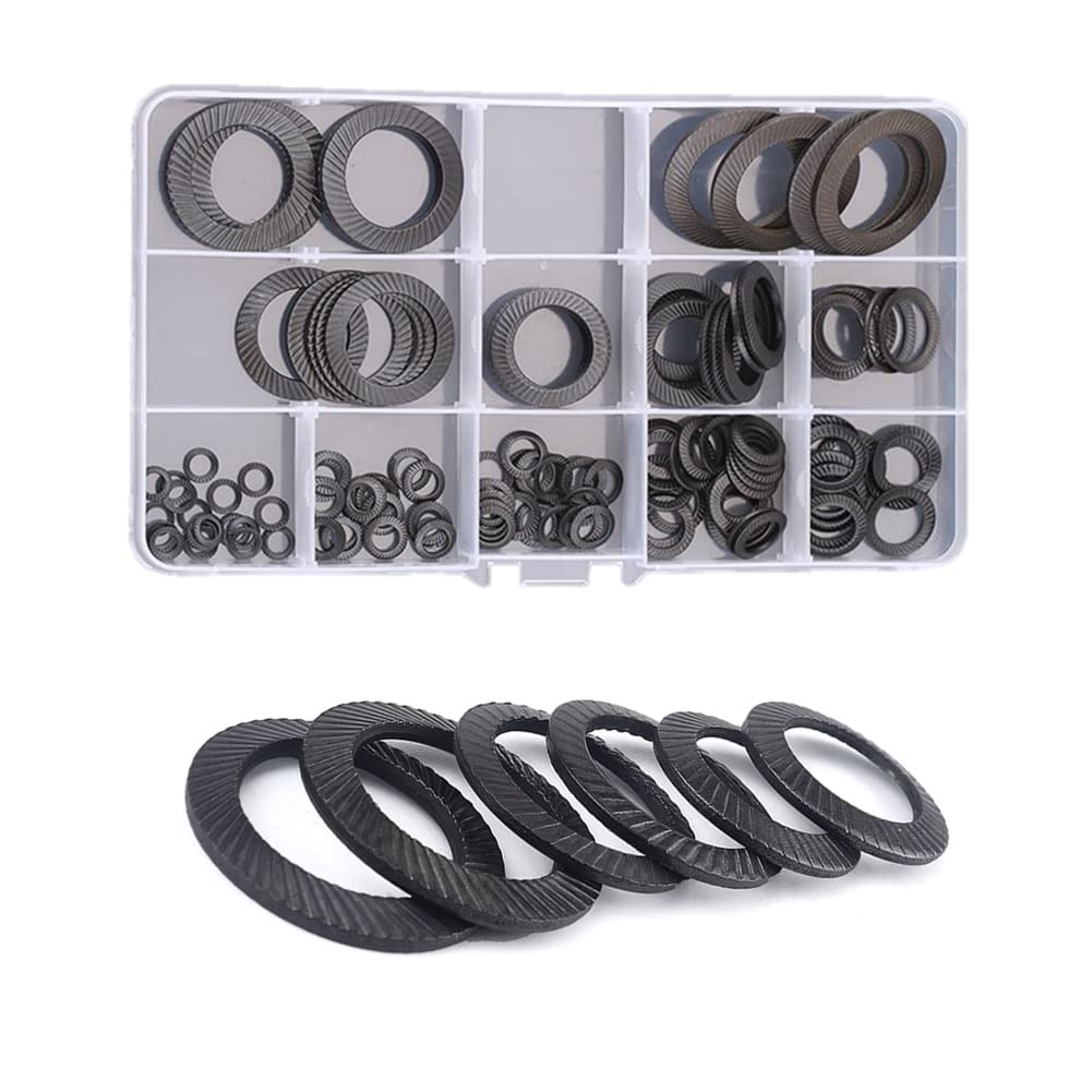 Rondelle Antiscivolo in Acciaio al Carbonio, 130 Pezzi Set di Rondelle di Sicurezza Seghettate a Doppia Faccia, 11 Dimensioni M4 M5 M6 M8 M10 M12 M14 M16 M18 M20 M22