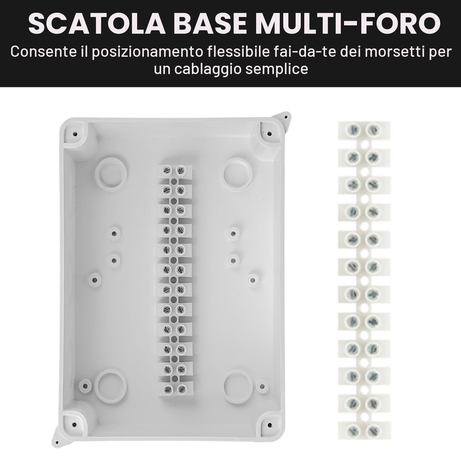 Scatola di Derivazione Impermeabile IP65 da Parete 150x110x70 mm, con 10 pressacavi M20 con guarnizione, inclusa sega a tazza da 20 mm, adatta per cavi Ø6–12 mm