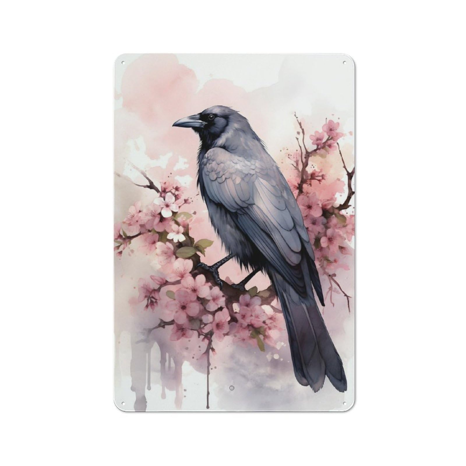 Junmoney Crow Cherry Blossom Bistro Style Tin Wall Sign 30X20cm, Shop Wall Decor For Takeaway, Bar, Kitchen Or Counter Area