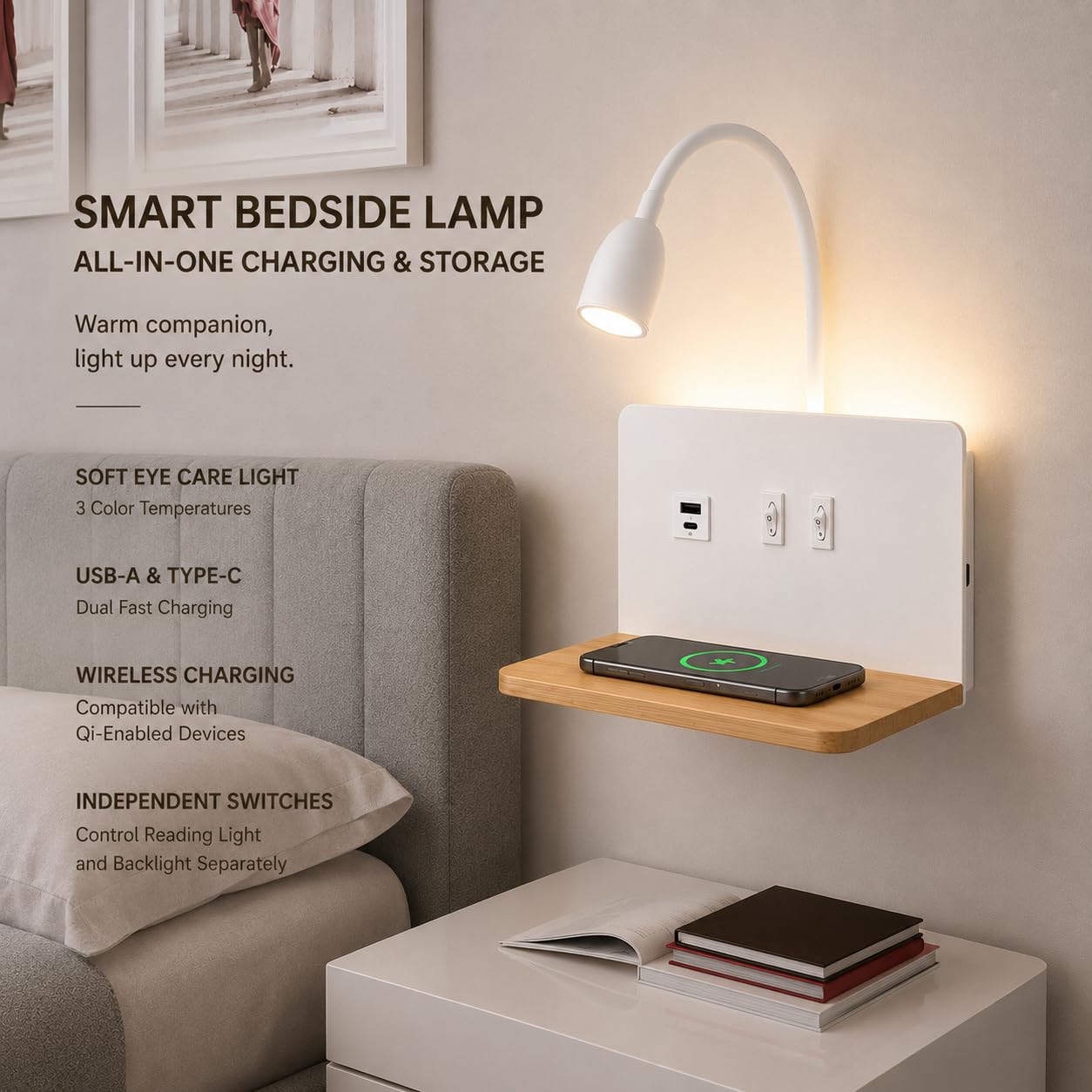 Weiß LED Bett Wandleuchte mit 15W Wireless Charger, USB-C & USB-A Anschluss | 3 Farbtemperaturen LED Leselampe mit Flexibler 360° Schwanenhals, Wandlampe Schlafzimmer mit Ablage, Stecker 1,5m Kabel