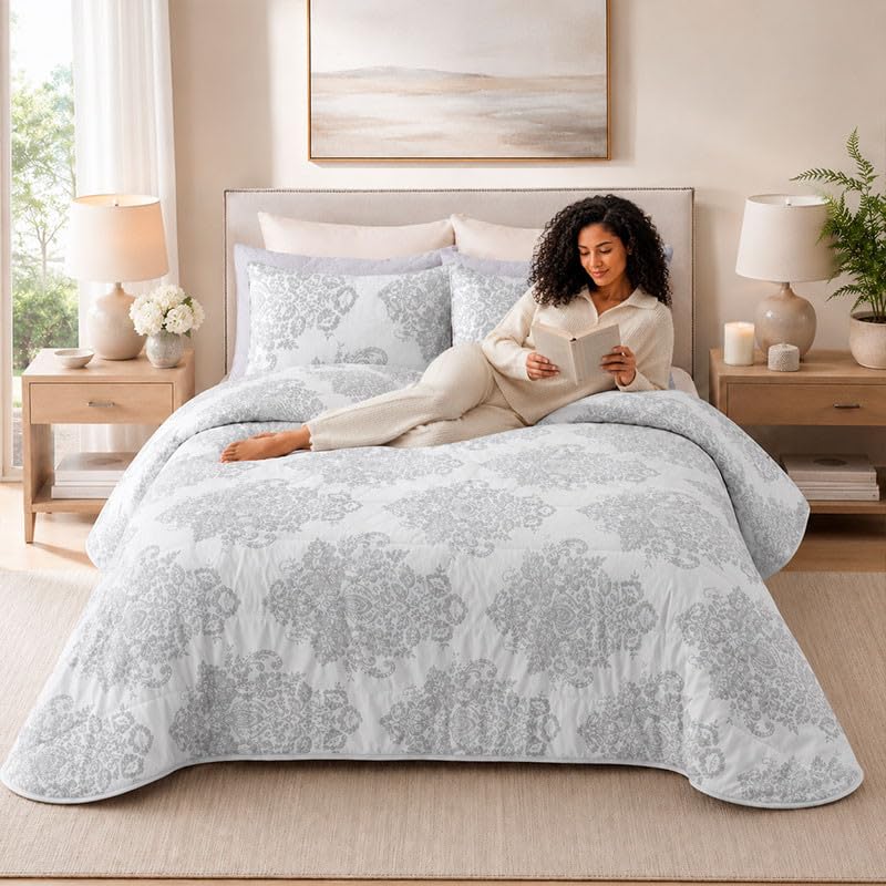 Rufino Díaz Colcha Prelavada Jacquard Enoque + Funda de Cojín (Gris - 135 cm) - para una sensación acogedora y de Confort - Tejido Suave, Agradable y Resistente