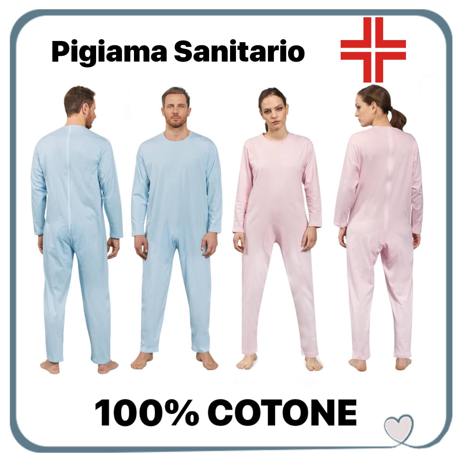 tutone Pigiama Intero Anziani pigiamone Pigiama Uomo Donna Sanitario Cotone 100% Apertura Posteriore Zip Cerniera ausili per Anziani in Cotone Sanitario Pigiama Aperto Dietro